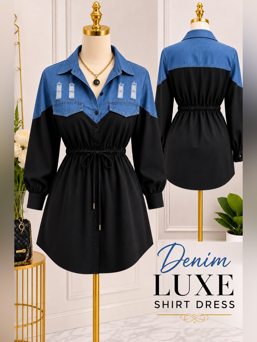 Denim Luxe Colorblock Shirt Dress | Women’s Belted Denim & Black Mini Dress - Picture 3 of 4